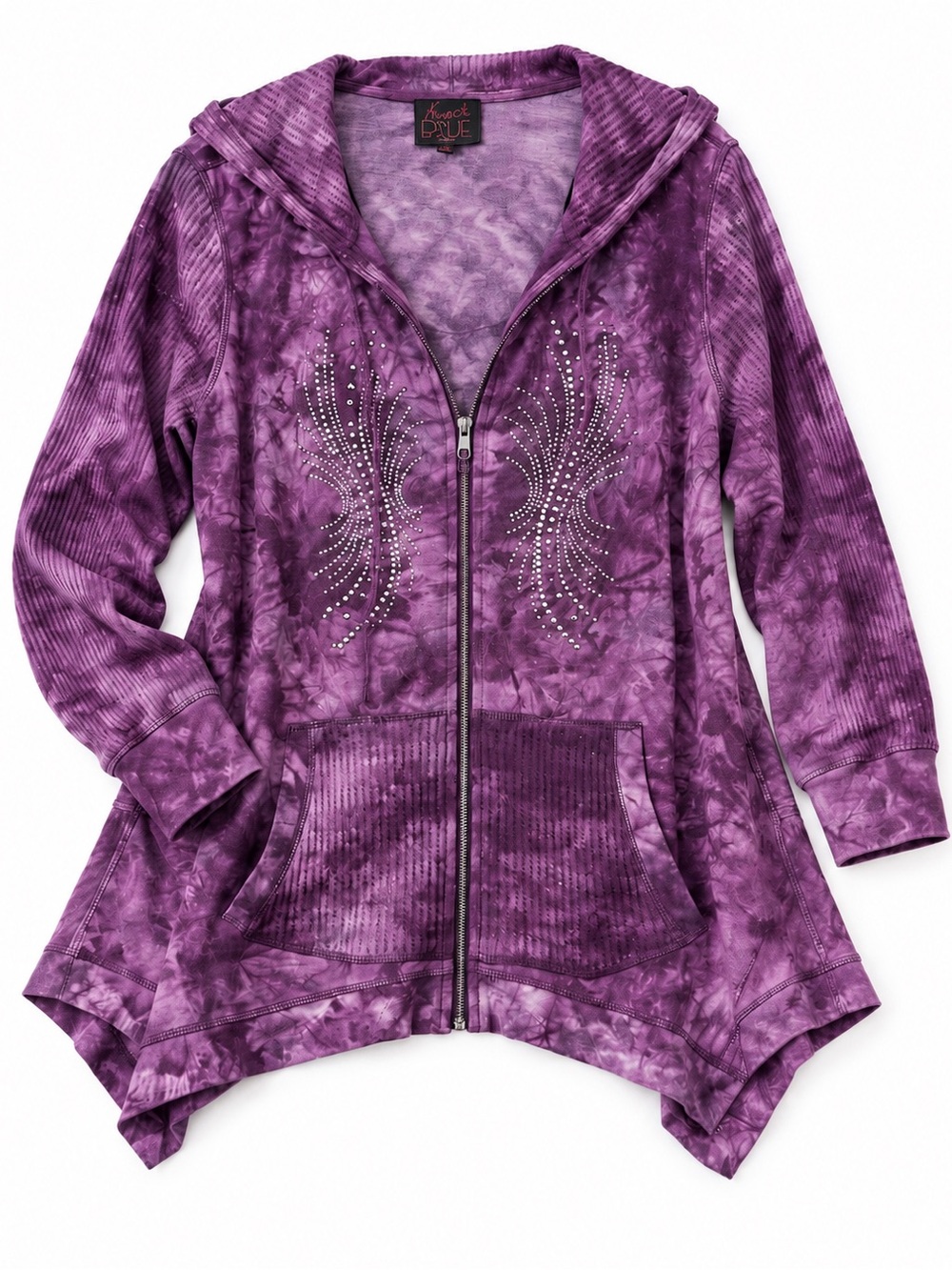 French Blue 2X Purple Tie Dye Rhinestone Zip Hoodie Tunic Boho Asymmetrical Stud